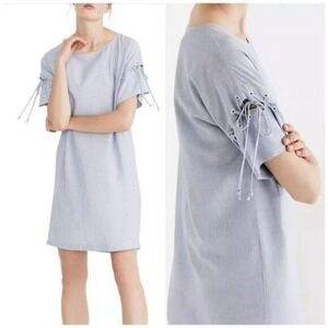 Madewell Blue White‎ Stripe Lace Up Short Sleeve Shift Dress Womens Size Large